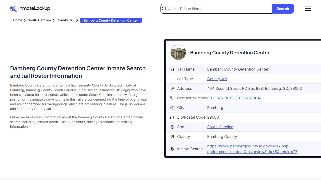 Bamberg County Detention Center (SC) Inmate Search and Jail Roster ...