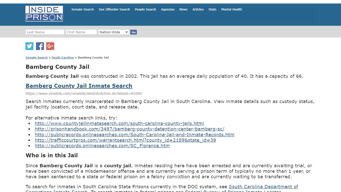Bamberg County Jail - South Carolina - Inmate Search - Inside Prison
